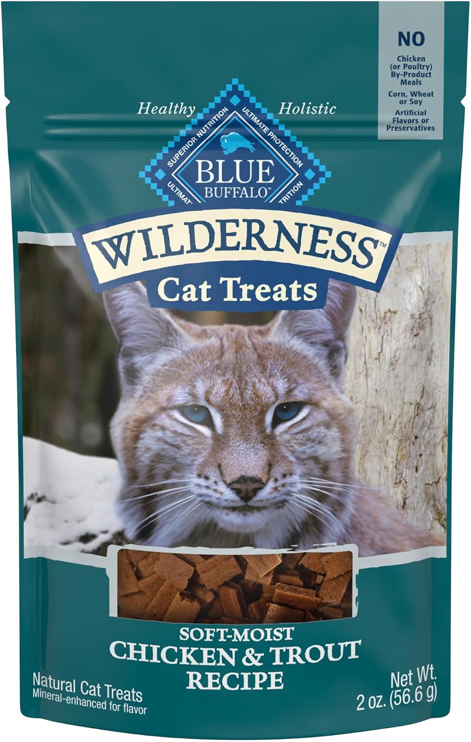 BLUE Wilderness cat treats package showcasing ingredients