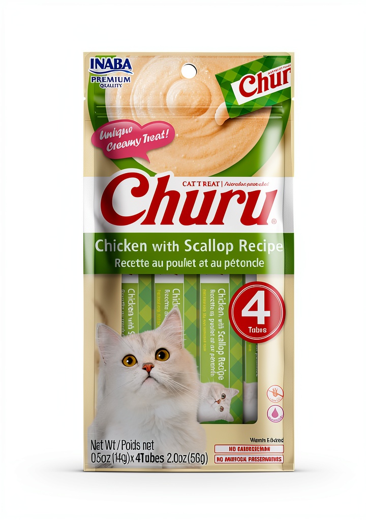 'Inaba Churu cat treat tubes displayed on a kitchen counter'