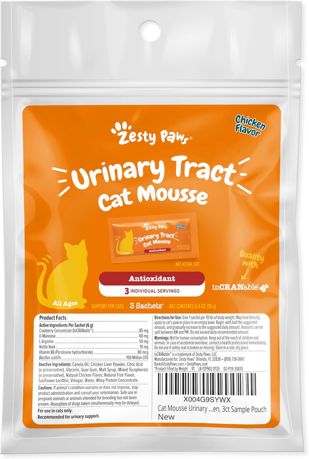 Zesty Paws Urinary Tract Cat Mousse package and contents