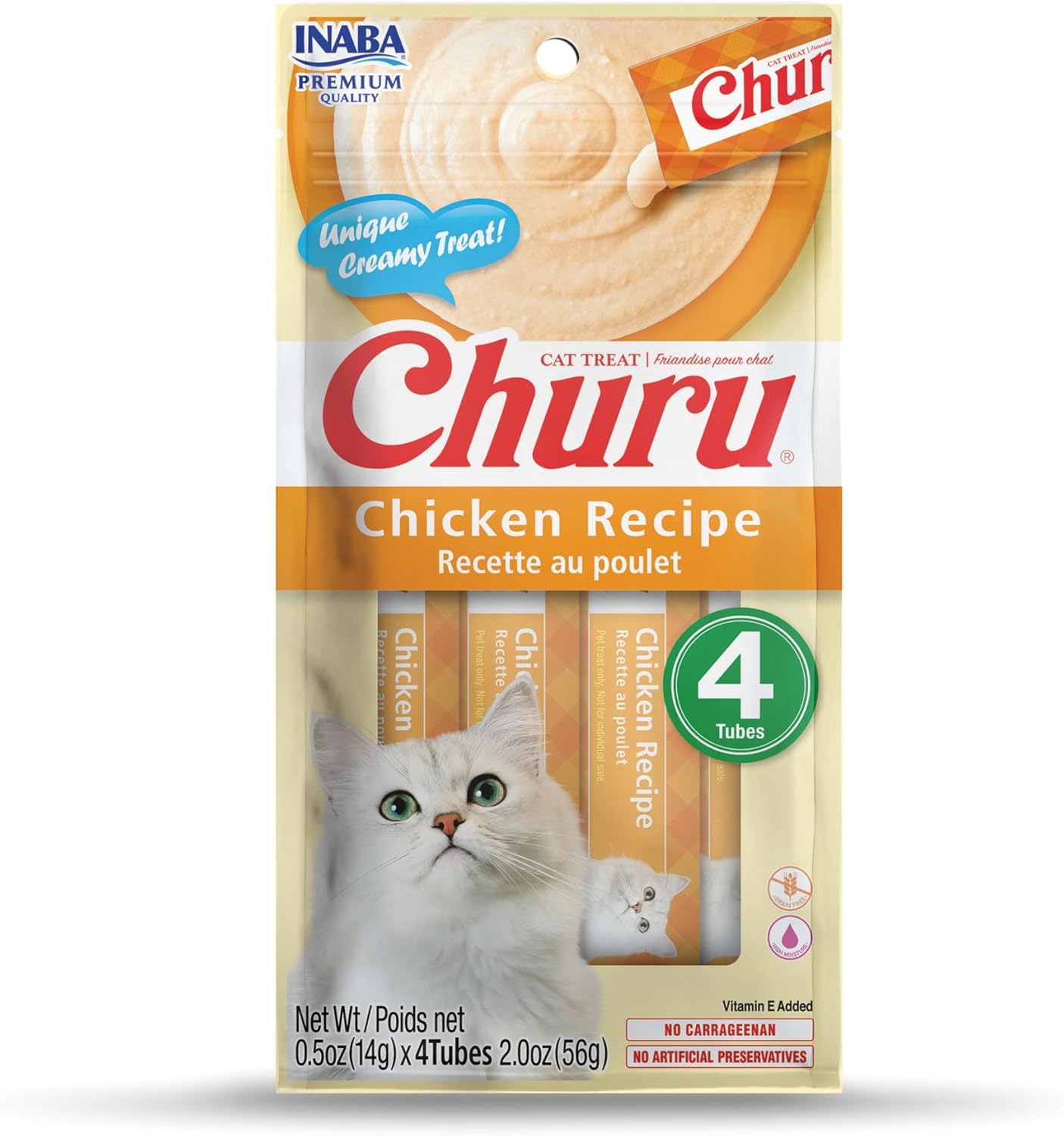 Inaba Churu cat treat tubes displayed with a happy cat