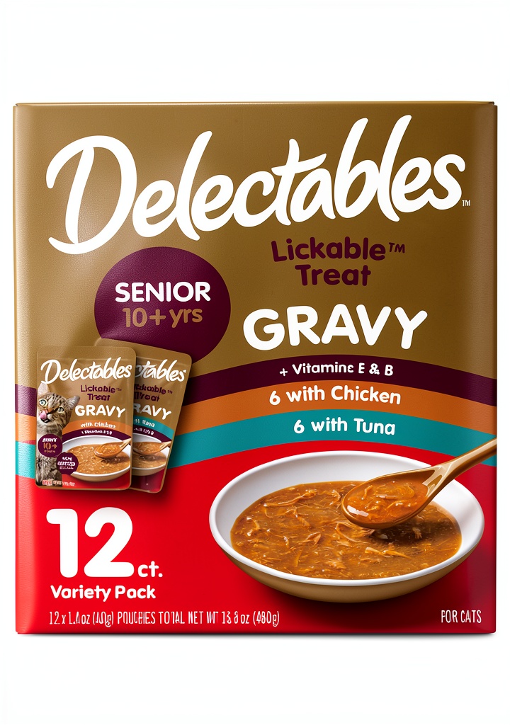 Hartz Delectables wet cat treats in assorted flavors on a kitchen counter