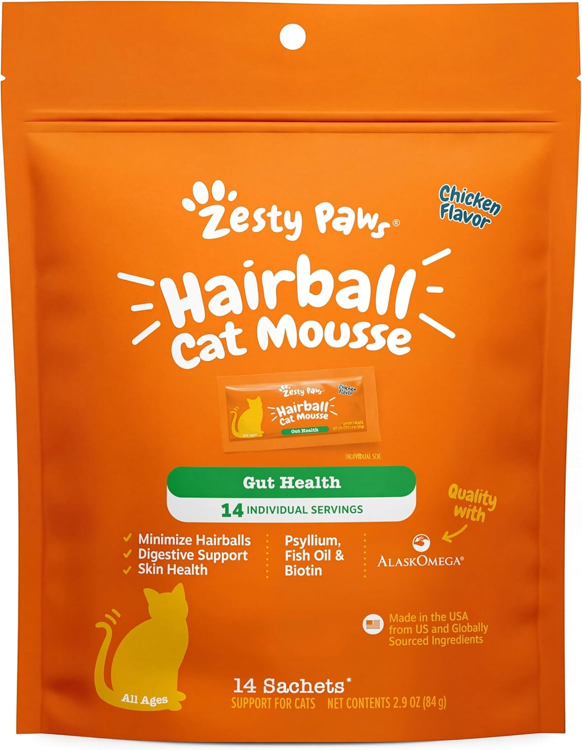 'Zesty Paws Hairball Cat Squeeze Treats being fed to a cat'