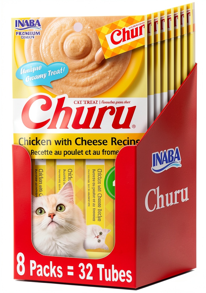 'Inaba Churu cat treat tubes displayed on a kitchen counter'