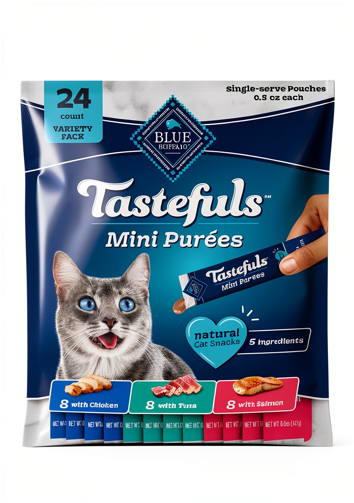 Blue Buffalo Tastefuls Mini Purées assortment on a counter