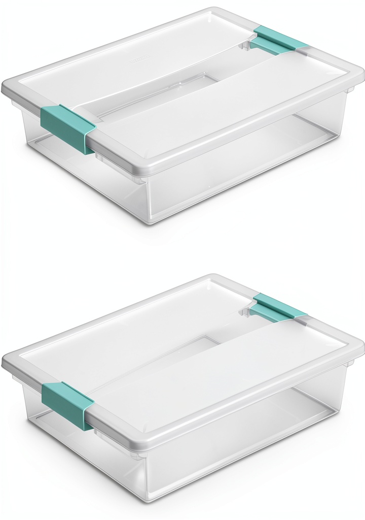 Sterilite clear storage boxes stacked on a home office shelf